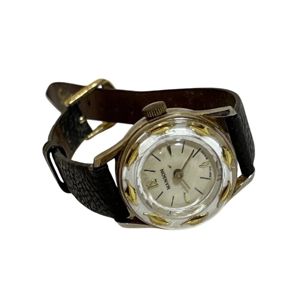 Vintage Manson Swiss Made Ladies Watch Gold Tone Round Bezel Brown Leather Strap